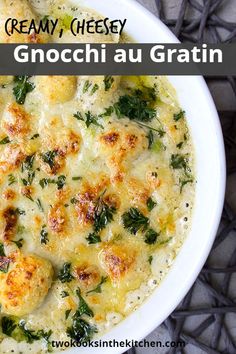 creamy cheesey gnocchi au gratin with spinach in a white bowl