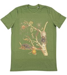 Organic cotton t-shirt in natural beige and gray and green colors. Vintage biology illustration from early 17 hundreds by Maria Merian. DTG print made on Brother garment printer, which is Oekotex certified as safe even for babies. The illustration was cleaned very thoroughly from the color of yellow paper in the background.   All t-shirts are from certified organic cotton. Beige t-shirts are also fairtrade certified. Green Organic Cotton T-shirt With Screen Print, Green Cotton T-shirt With Print, Green Unisex Screen Print T-shirt, Green Cotton Nature-inspired T-shirt, Nature-inspired Green Cotton T-shirt, Green Nature-inspired Cotton T-shirt, Green Nature-inspired Crew Neck T-shirt, Green Botanical T-shirt With Graphic Print, Botanical Green T-shirt With Graphic Print