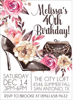 a birthday party flyer with high heels and flowers