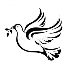 a black and white dove with an olive branch in it's beak, flying