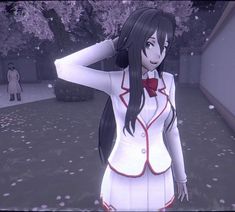 an animated image of a woman with long black hair wearing a white dress and red bow tie