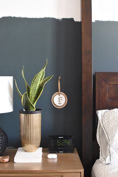 a bed room with a neatly made bed and a potted plant on the nightstand