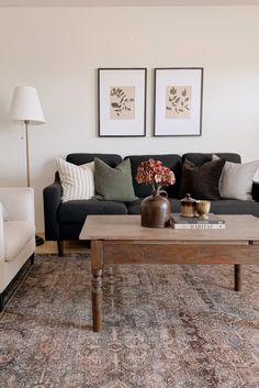 a living room with two couches, a coffee table and pictures on the wall