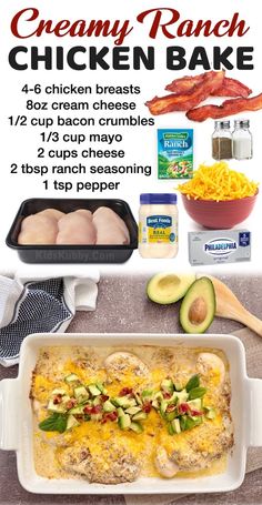 the recipe for creamy ranch chicken bake is shown in an advertisement with ingredients to make it