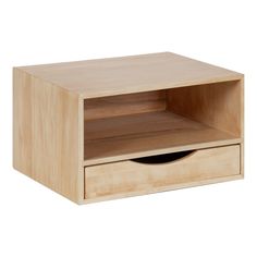 a wooden box with two drawers on one side and an open drawer on the other