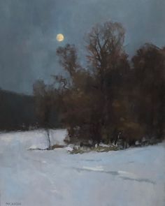 an oil painting of trees in the snow with a full moon behind them on a cloudy day