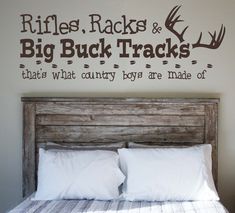 "Rifles, Racks & Big Buck Tracks are every country boy's dream! Use this cute and unique saying to decorate their room and add that finishing touch. And let us not forget the country Girls! This decal can easily be changed to read \"country girls\", simply make a note that you would like that change during check out.  >>PRODUCT INFO NOTE: All vinyl decal sells are FINAL. (Non-returnable/non-refundable)   My decals are cut from professional grade matte finish vinyl and are intended for interior u Camo Nursery, Camo Wall, Deer Tracks, Big Buck, Boy Nursery Themes, Deer Nursery, Baby Boy Nursery Themes, Old Window Frame, Hunting Room