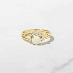 Yellow Gold Wedding Set, Dainty Opal Ring, Rings Stacked, Vintage Opal Engagement Ring, Opal Stacking Ring, Gold Opal Ring, Opal Engagement Ring Set, Sterling Silver Opal Ring, Anniversary Ring Set