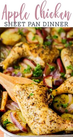 an apple chicken sheet pan dinner with potatoes and radishes in the baking dish