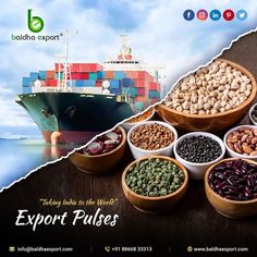 an advertisement with different types of food in bowls and on the table is a cargo ship