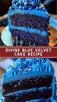 a blue velvet cake with chocolate frosting and sprinkles on the top