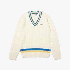 Lacoste Men's Classic Fit Contrast Striped Wool Sweater White/Yellow/Blue AH0493-51 7MZ. Sporty Yellow Sweater For Fall, Sporty Yellow Fall Sweater, Yellow Sporty Cotton Sweater, Sporty Yellow Cotton Sweater, Lacoste Outfit, Lacoste Jumper, Lacoste Clothing, Preppy Mens Fashion, Varsity Sweater