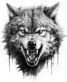 a drawing of a wolf's face with blood dripping down the side and it's mouth open