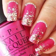 Pink Gold Nails, Glitter Gradient Nails, Fun Summer Nails, Summer Nail Designs, Gold Glitter Nails, Hot Pink Nails, Nails Colors, Nail Art Wedding, Diy Nail Designs