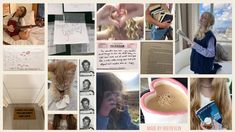 a collage of pictures with people and animals in them, including cats, coffee cups, books, posters