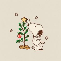 a cartoon dog is reaching up to a christmas tree with stars on the top and bottom