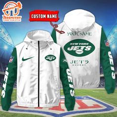 New York Jets Custom Name Outdoor Jacket A windbreaker jacket is a lightweight, versatile outerwear piece designed to protect against wind and light rain. Typically made from synthetic materials, it features a smooth, water-resistant surface and is often equipped with a hood for added protection. Windbreakers come in various styles and colors, making them a fashionable choice for outdoor activities and casual outings alike. Their breathable fabric allows for comfort during physical activities, w White Hooded Moisture-wicking Windbreaker, White Hooded Outerwear For Sports Events, White Functional Windbreaker For Sports Events, Winter Nylon Outerwear For Sports Events, Functional Hooded Outerwear For Sports Events, Nylon Long Sleeve Windbreaker For Sports Events, Long Sleeve Nylon Windbreaker For Sports Events, Functional Hooded Windbreaker For Sports Events, Hooded Windbreaker For Sports Events In Fall