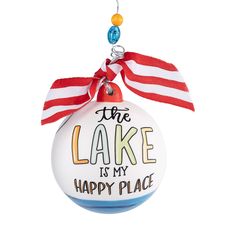 the lake is my happy place ornament with red, white and blue ribbon