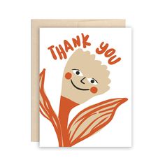 a thank card with an orange flower and the words thank you written in red on it