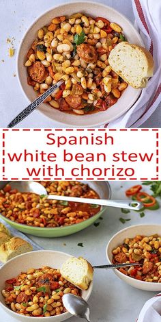 spanish white bean stew with chorizo in bowls and spoons on the side