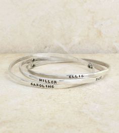 The perfect accessory for any outfit ~ the Stamped Name Bangle by Nelle & Lizzy Mothers Bracelet, Mother Jewelry, Silver Bangle Bracelets, Personalized Rings, Bracelet Silver, Stamping Up, Stylish Accessories, Silver Bracelets, Bangle Bracelet