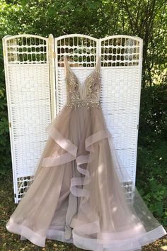 Embellished Tulle V-neck Gown, V-neck Pageant Dresses For Prom Season, V-neck Tulle Gown For Prom Season, V-neck Tulle Evening Dress For Prom, Embellished Tulle Gown With V-neck, Pageant Evening Dress With Sweep Train In Tulle, A Line Fashion, V Neck Prom Dress, Tulle Long Prom Dress