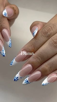 Blue Nails Tips With Design, White French Tips Nails With Design, Blue And White Nails Greek, French Nail Flower, Blue Flowers Nails Design, Greece Nails Square, French Nails With Blue Design, Bright Blue Nail Designs, Nails Greece Vibe