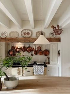 a wooden table topped with pots and pans next to a potted green plant