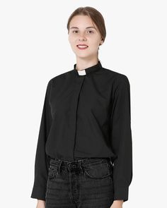 Tab Collar Long Sleeves Women Clergy Shirt - Black Classic Tops With Stand Collar And Button Closure, Classic Stand Collar Top With Button Closure, Stand Collar Shirt With Button Closure For Work, Classic Top With Stand Collar And Button Closure, Classic Fall Shirt With Stand Collar, Classic Stand Collar Shirt For Fall, Black Shirt With Button Closure And Stand Collar, Classic Black Stand Collar Shirt, Black Long Sleeve Tops With Hidden Button Closure