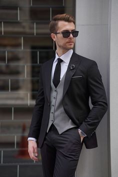 Daniel Black and Gray Wool Suit – BRABION Black Suit Grey Vest, Charcoal Tuxedo, Suit And Vest, Jas Wedding, Black And Grey Suit, Grey Wool Suit, Civic Car, Lawyer Outfit, 2025 Wedding