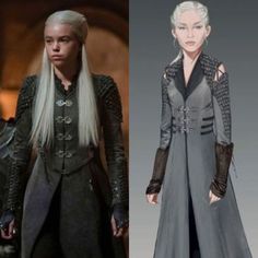 game of thrones cosplay costumes are shown in two different views, one is grey and the other is black