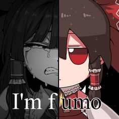 two anime characters, one with red eyes and the other with black hair that says i'm funo