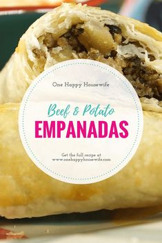 an empanada with the words beef and potato empanadas on it