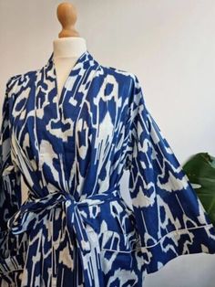 Top Seller for Indian Blue Ikat Cotton Robe Sleepwear Night Suit Kimono Long Kimono Bath Robe, Womens Coats Jackets Robe Sleepwear, Indian Blue, Kimono Floral, Hand Prints, Summer Kimono, Pre Christmas, Night Suit, Cotton Kimono, Ikat Print