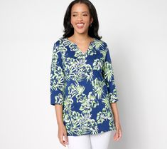 Ready to take on summer, this tunic top is splashed with a fun tropical print. The split neckline pairs perfectly with a favorite necklace.�From Quacker Factory®. Hawaiian V-neck Top With Tropical Print, Hawaiian V-neck Tops For Beach Season, Floral Print V-neck Tops For Beach Season, Tropical V-neck Beach Blouse, Tropical V-neck Top With Floral Print, Summer Floral Print Blouse With Split Neck, Summer Floral Print Split Neck Blouse, Summer Split Neck Blouse With Floral Print, Hawaiian V-neck Tops For Spring