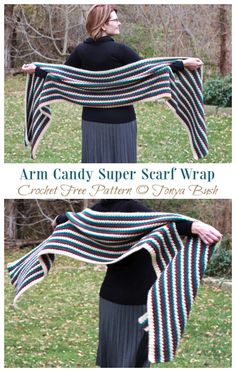 the crochet candy super scarf wrap is shown in two different colors and sizes