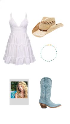 a white dress, cowboy hat and blue boots