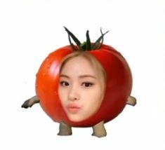 a woman with a fake tomato on her head