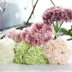 several different colored flowers sitting on top of a table