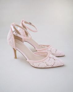 "Crochet Lace Wedding Collection. Vintage inspired pointed toe crochet lace with mini pearls all around. The delicate mini pearl beads are placed carefully by hand to create a graceful classic bridal shoe. Available in 3 colors. DETAILS: HEELS: 3 inches COLORS AVAILABLE: Dusty Pink, Ivory, and White UPPER: Synthetic upper and lining MATERIALS: Manmade outsole ORIGIN:  Imported STYLE NAME: EVA Not sure of which size to purchase? Shoes measurements are as follow: (Please note measurements taken the length of inside of shoe from toe to heel). Size 5 - 9.5\" Size 6 - 9.875\" Size 7 - 10.125\" Size 8 - 10.375\" Size 9 - 10.75\" Size 10 - 11.125\" Size 11 - 11.375\" Please note all these infos are intended for general reference and are to be used as a guide only. Age and size will vary. Measurem Pink Bridal Shoes, Shoes Editorial, Shoes Bridesmaid, Wedding Shoes Bridesmaid, Pink Wedding Shoes, Bridal Shoe, Heels Aesthetic, Flower Girl Shoes, Bridal Flats