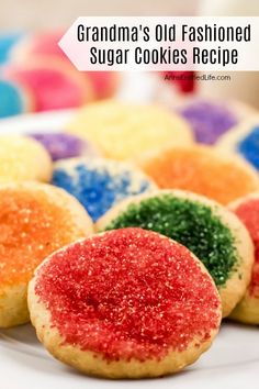 grandma's old fashioned sugar cookies recipe on a white plate with colorful sprinkles