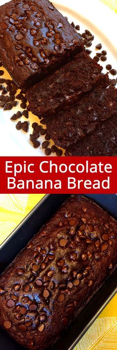 chocolate banana bread is cut into squares and placed on a baking pan with the words epic chocolate banana bread