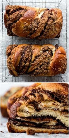 two pictures of chocolate swirl bread on a cooling rack and one is cut in half