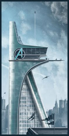 an advertisement for the avengers movie is shown in front of a tall building with birds flying over it