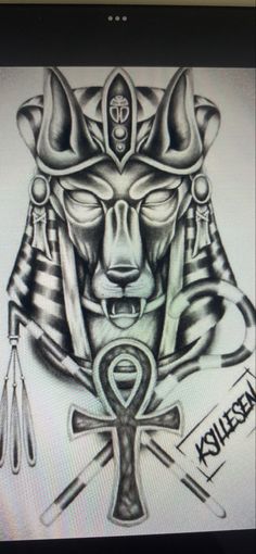 an image of the egyptian god and his symbols on a tablet computer screen with pen and ink