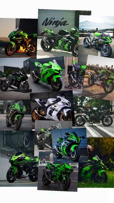 a collage of green and black motorcycles in multiple pictures, with the same color scheme