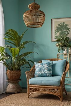 a living room with blue walls and wicker furniture in the corner, potted plants on either side of the couch