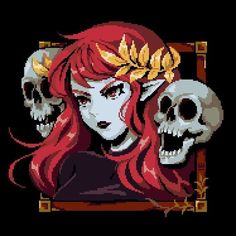 a woman with red hair and skulls in front of her, on a black background