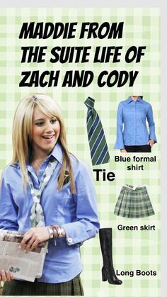 an advertisement for a women's dress shirt, tie and skirt with the words maddie from the suite life of zach and coy