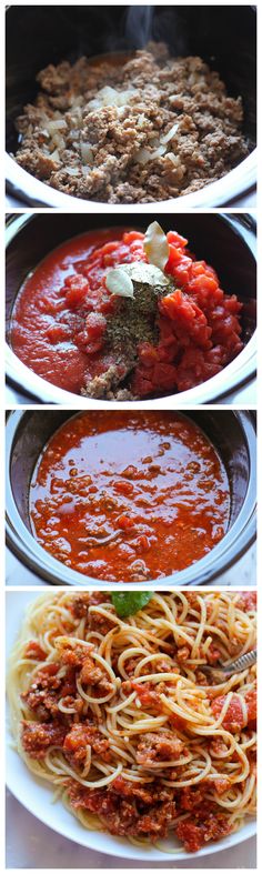 three different pictures of pasta and sauce in pans